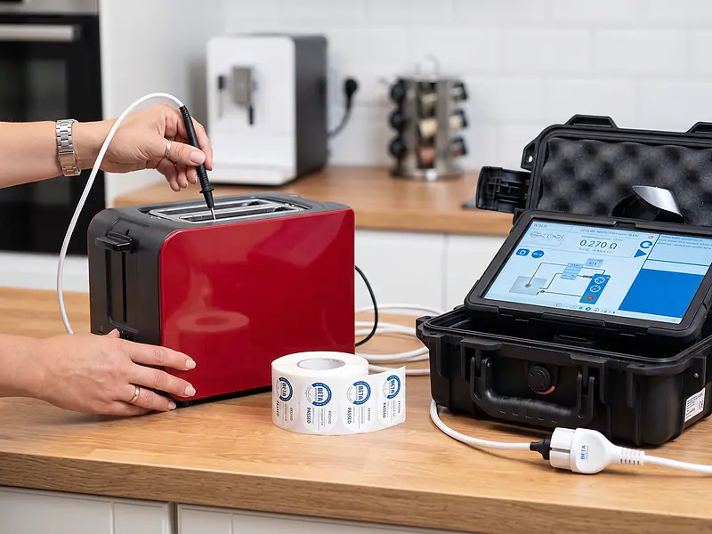 KI-generiertes Symbolbild: Eine Hand setzt eine Prüfspitze an einen roten Toaster, die andere hält ihn fest. Davor steht eine Rolle Prüfetiketten, rechts ein geöffneter Koffer mit Tablet.